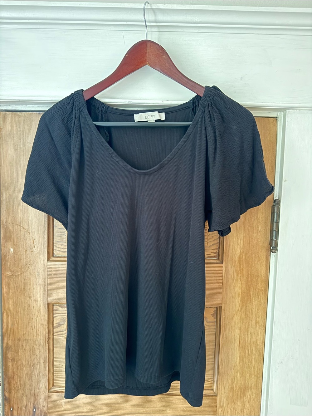LOFT Black Short Sleeve Scoop Neck Top with Flutter Sleeves